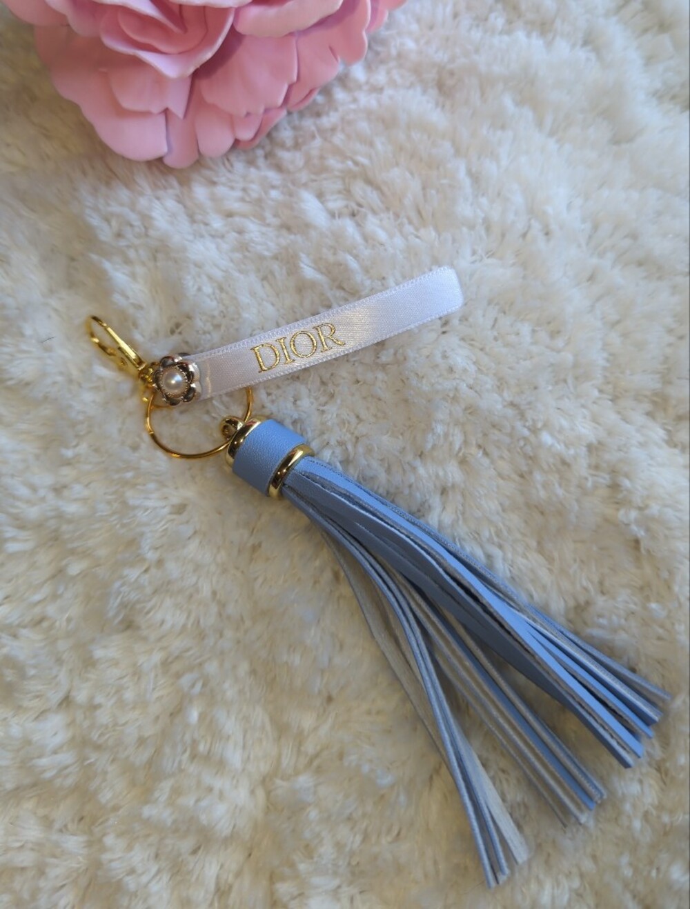 Dior Gold And White Logo Ribbon With Blue Tassel And Pearl Accent Bag Charm